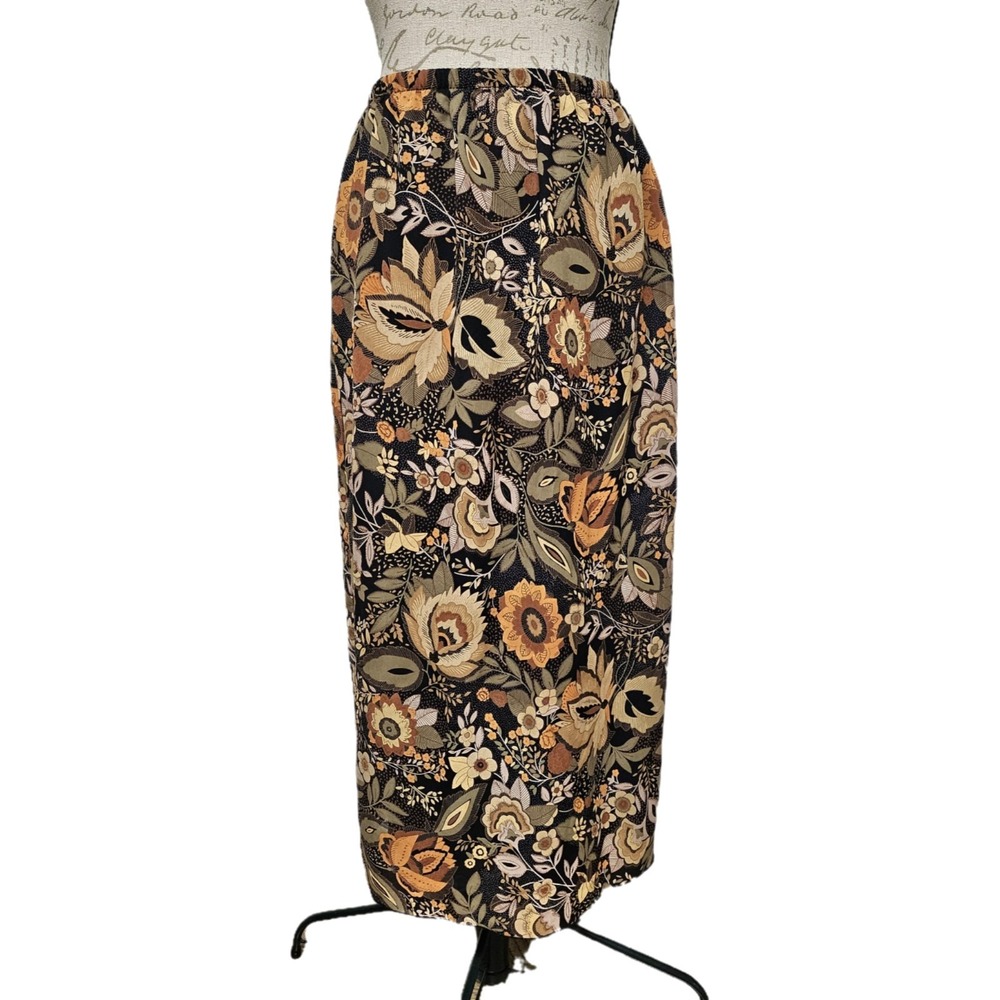 Vintage I.N. Studio Dark Cottagecore Black Floral Maxi Skirt Size L Goblincore